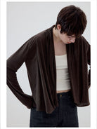 Simple Project Linen Blend Cowl Neck Cardigan in Brown - On Model