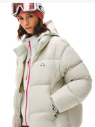 FPA Logo Print Down Puffer Jacket in White - On Female Model