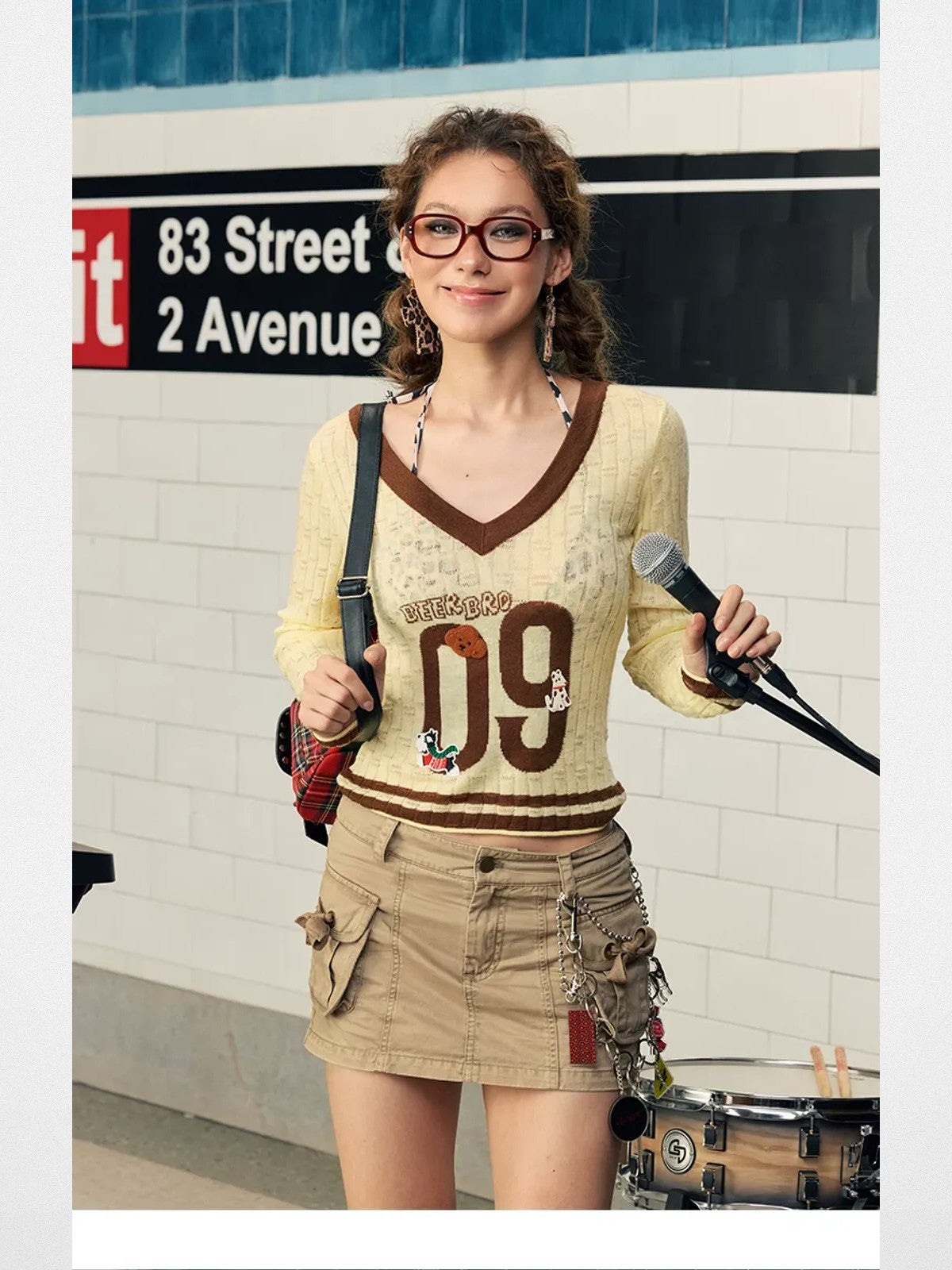 BeerBro Puppy Patch Sheer Knit V Neck in Cream - On Model