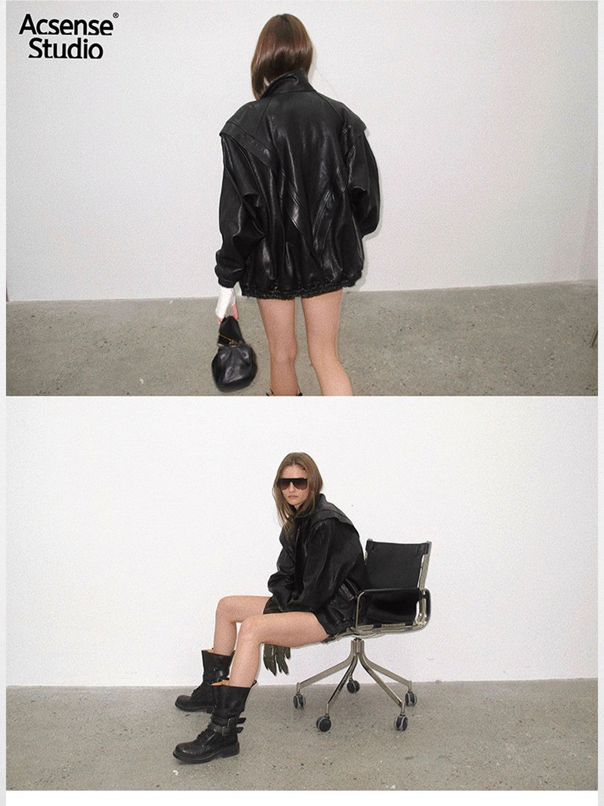 ACSENSE STUDIO Triangle Cut Sheepskin Jacket in Black - On Model