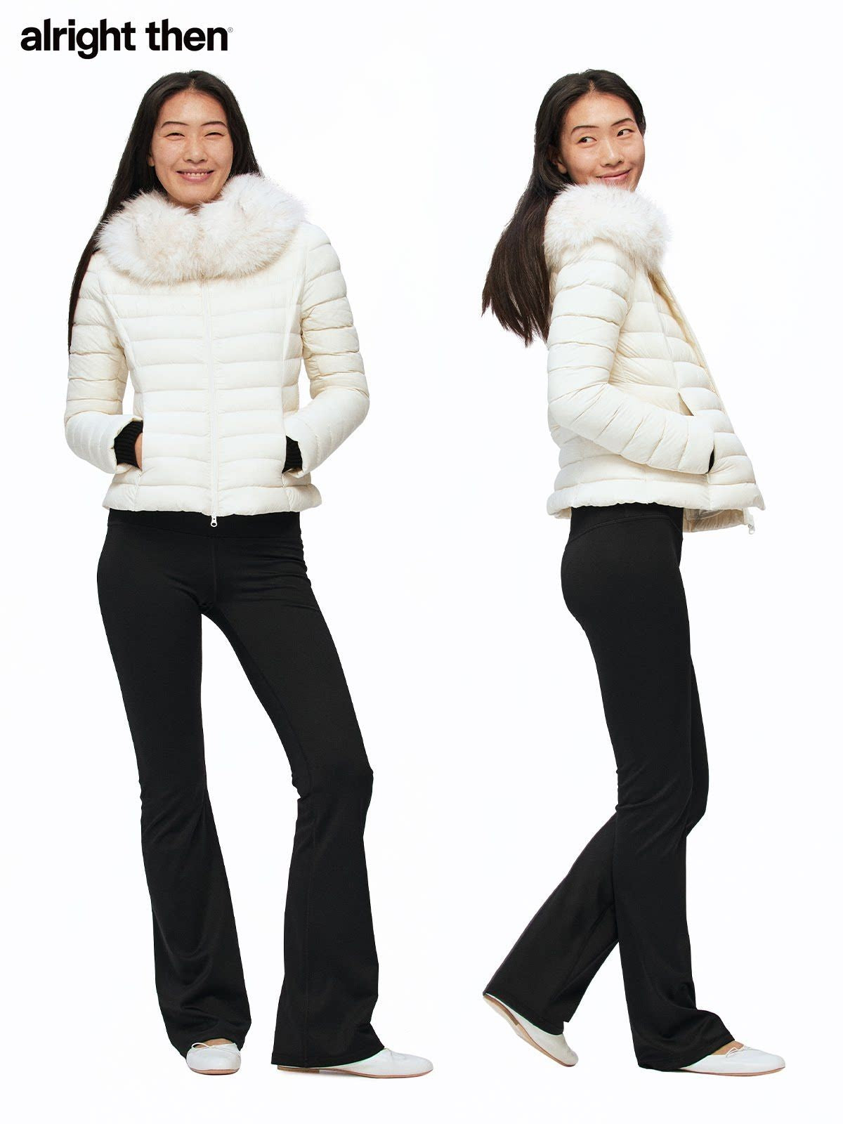 Alright then Slim Faux Fur Down Puffer in White - On Model