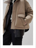 NANS Sherpa Collar Multi Pocket Down Puffer in Beige - On Female Model