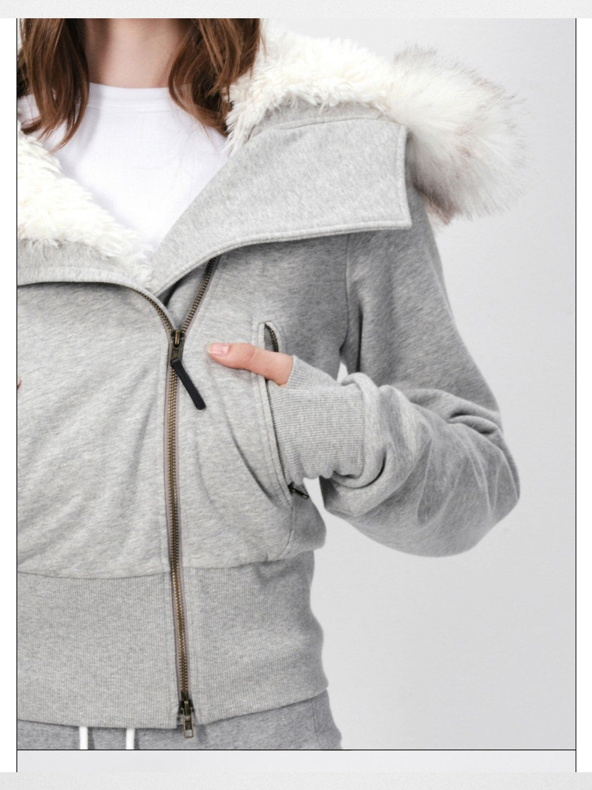 RARELY ALIKE Asymmetrical Plush Lined Jacket in Gray - On Model