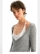 PUKI Mock Layered Striped Top in Gray - On Model