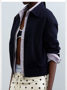 RARELY ALIKE Faux Two Piece Striped Collar Jacket in Navy Blue - On Model