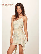 BeerBro Beaded Shell Print Mesh Dress in Mint - On Model