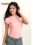 BeerBro Pearl Rhinestone Graphic Baby Tee in Pink - On Model