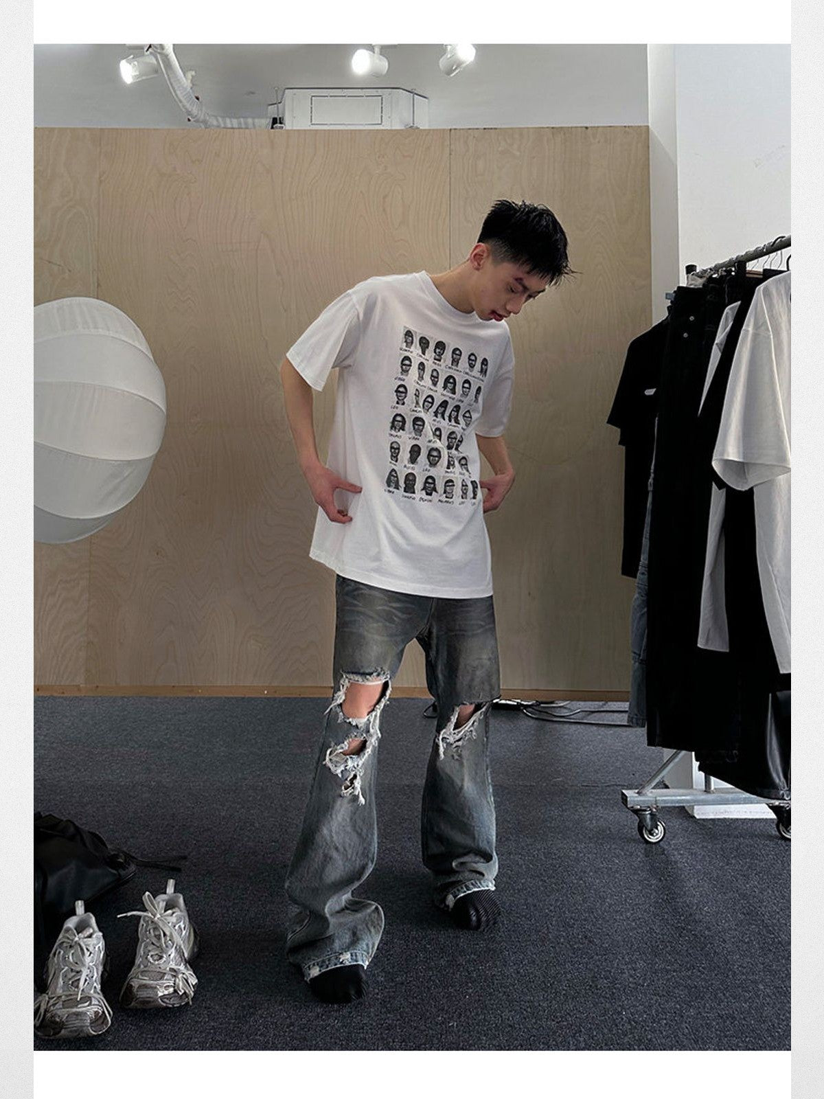 TRIANGLE PROJECT Distressed Dirty Wash Micro Flare Jeans in Denim - On Model