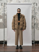 NANS Corduroy Texture Down Puffer Jacket in Beige - On Male Model