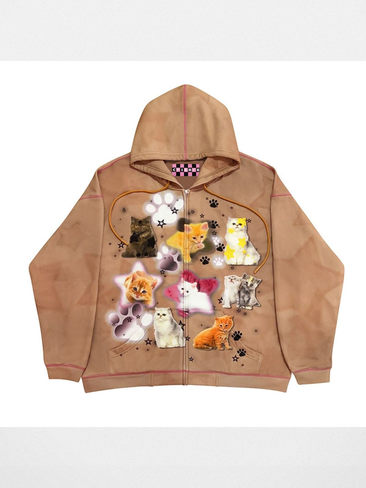 CFIERCE Cat Print Zip Up Hoodie in Beige