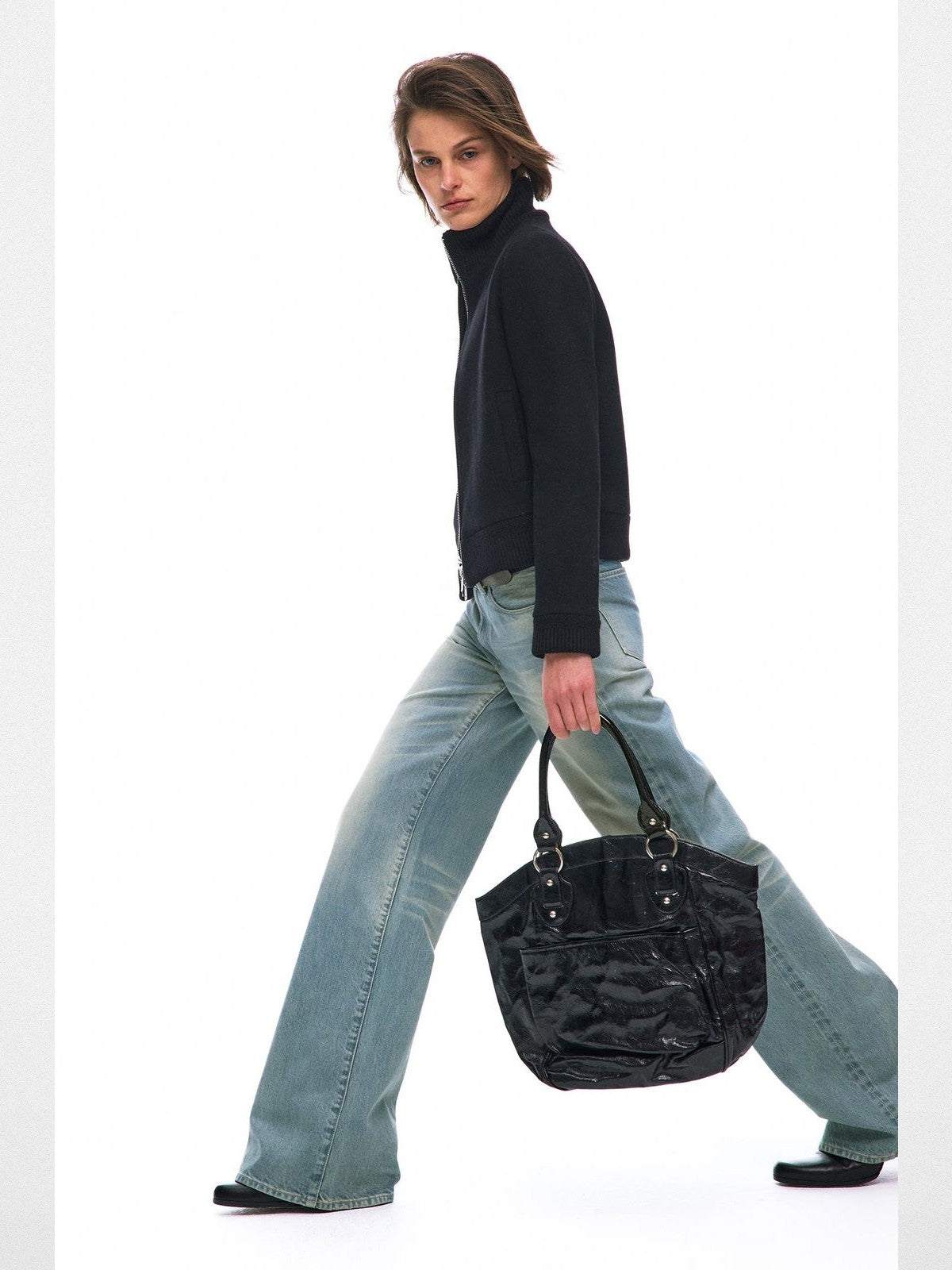 Alright then Lamb Wool Blend Double Zip Jacket in Black - On Model