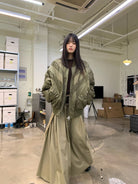 NeverSeez Handmade Pleated Bomber Jacket in Olive - On Female Model