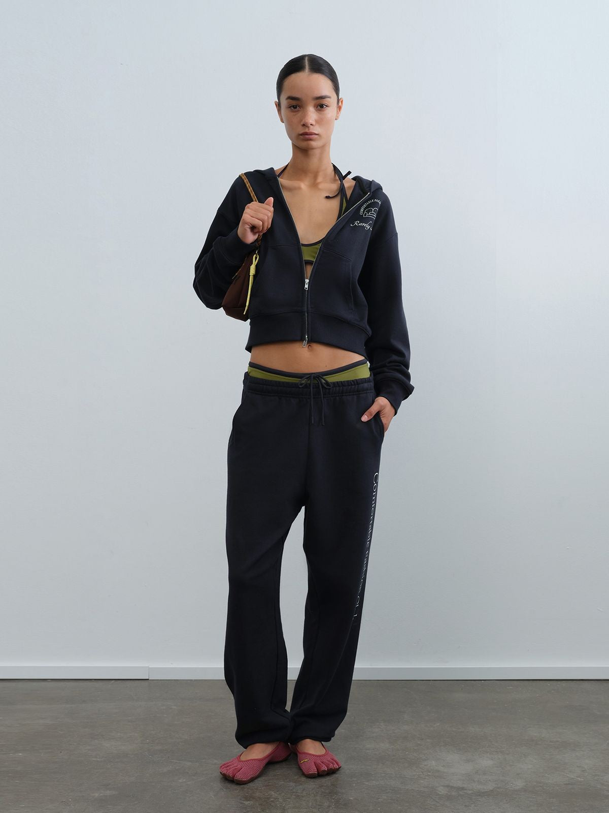 RARELY ALIKE Comfort Club Graphic Zip Up Hoodie in Navy Blue - On Model