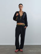 RARELY ALIKE Comfort Club Graphic Zip Up Hoodie in Navy Blue - On Model