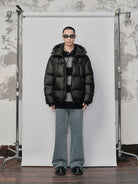 NANS Micro Check Hooded Down Puffer in Black - On Male Model