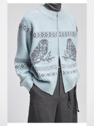 NANS Alpaca Blend Animal Jacquard Cardigan in Sky Blue - On Model