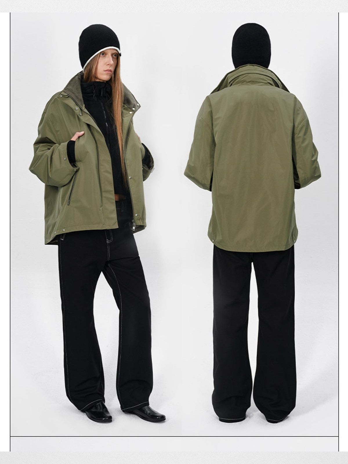 RARELY ALIKE Fleece Lined Technical Hooded Jacket in Olive - On Model