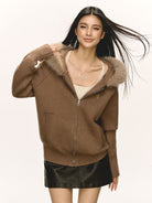 Ariseism Fur Collar Zip Up Knit Hoodie in Brown - On Model