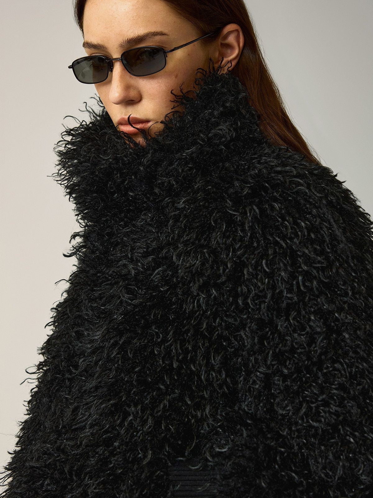 Alright then Faux Mongolian Lamb Fur Jacket in Black - On Model