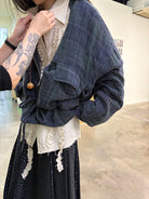 NeverSeez Linen Cotton Plaid Zip Jacket in Gray - On Female Model