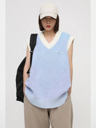 MASONPRINCE Contrast Trim V Neck Knit Vest in Sky Blue - On Female Model