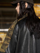 BLINDNOPLAN Camo Spliced Faux Leather Shirt in Olive - On Model