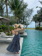 1S STUDIO Polka Dot Open Back Maxi Dress in Blue - On Model