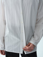 ROYA Hidden Placket Pinstripe Shirt in Black - On Model