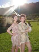 1S Studio Asymmetric Floral Ruffle Dress in Purple - On Model