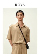 ROYA Boxy Linen Blend Short Sleeve Shirt in Beige - On Model