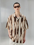 NANS Ink Splash Print Cuban Collar Shirt in Brown - On Model