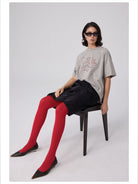 Simple Project Studded Script Logo T Shirt in Beige - On Female Model