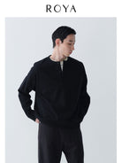 ROYA Wool Blend Melange Henley Sweatshirt in Black - On Model