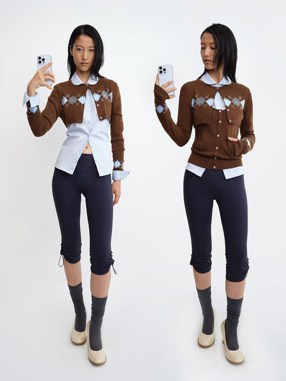 RARELY ALIKE Argyle Cardigan Camisole Set in Brown - On Model