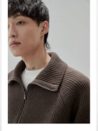 NANS Heavyweight Raglan Zip Cardigan in Brown - On Model