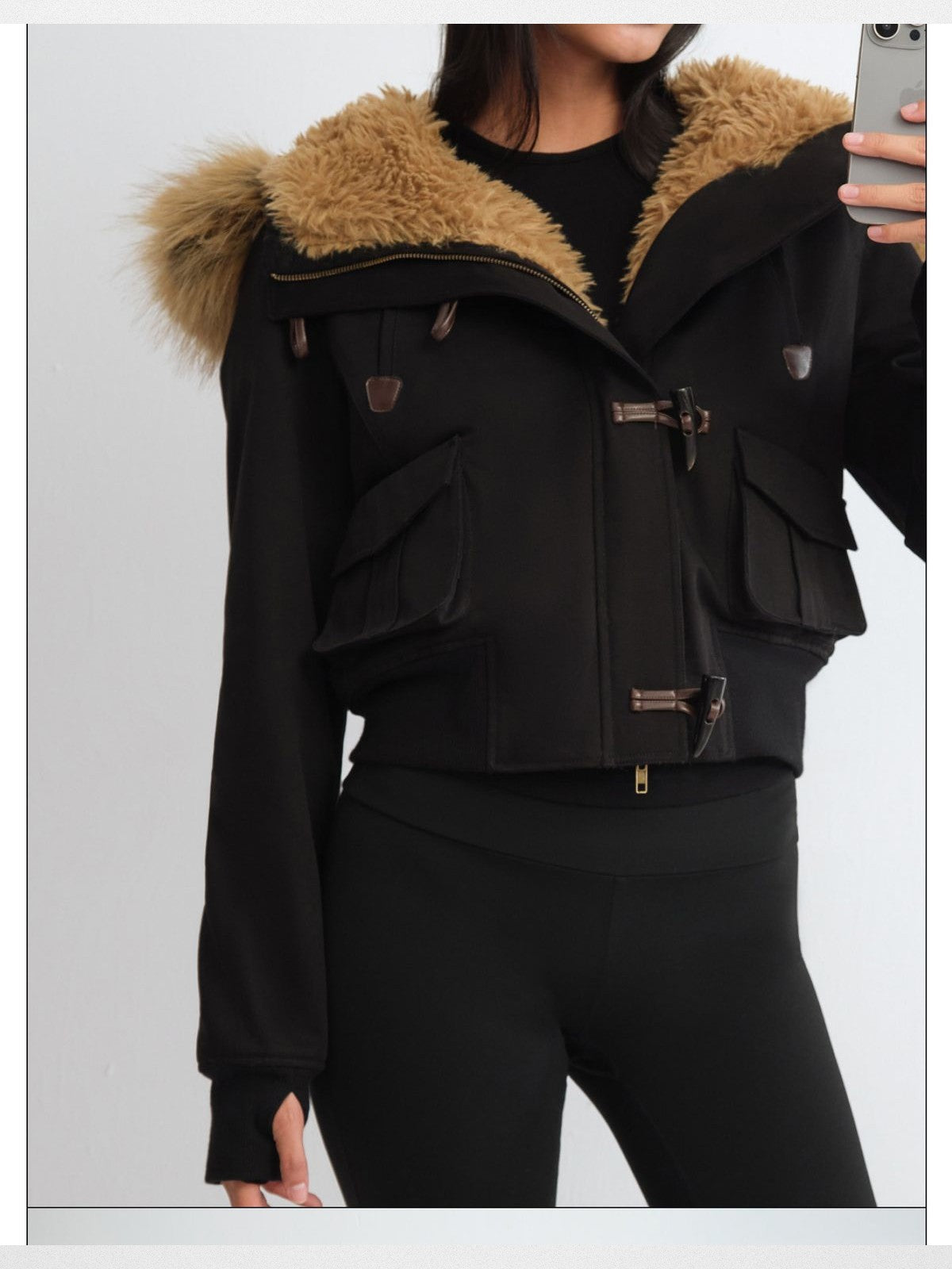 RARELY ALIKE Faux Fur Collar Cropped Jacket in Black - On Model
