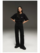 Simple Project Inverted Logo High Crew Tee in Black - On Female Model