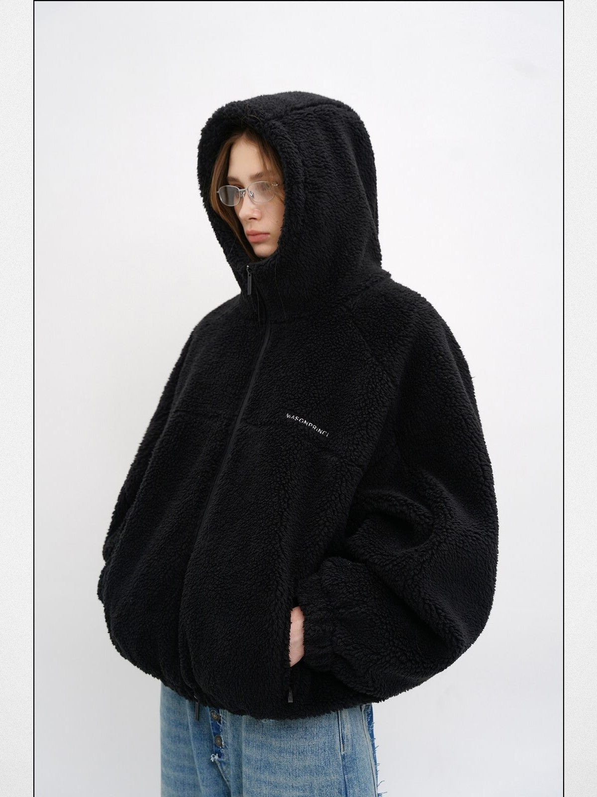 MasonPrince Contrast Logo Fleece Hooded Jacket in Black - On Model