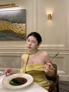 1S STUDIO Acetate Satin Strapless Dress in Yellow - On Model