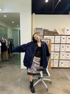 NeverSeez Vintage Wash Nylon Barn Jacket in Navy - On Female Model