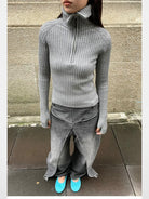 RARELY ALIKE Zip Up High Neck Wool Knit in Gray - On Model