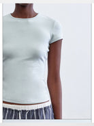 RARELY ALIKE Hourglass Cotton Crew Neck Tee in Sky Blue - On Model