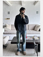 Roolrren Homme Suede Michigan Work Jacket in Navy Blue - On Model