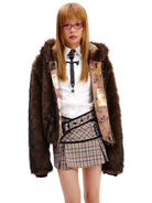 CFIERCE Reversible Cat Print Faux Fur Jacket in Beige - On Female Model