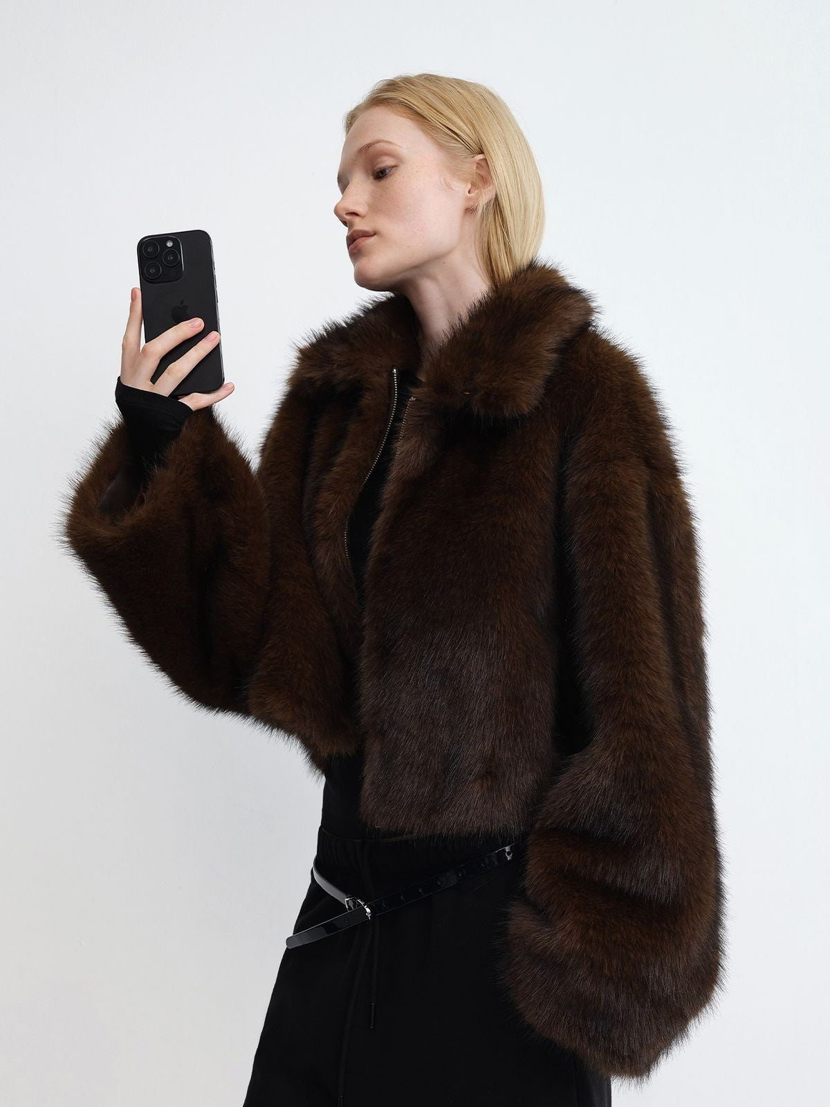 RARELY ALIKE Cropped Faux Fur Zip Jacket in Brown - On Model