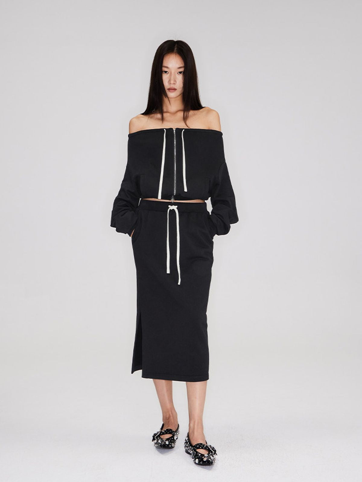 RARELY ALIKE Two Way Off Shoulder Zip Hoodie in Black - On Model