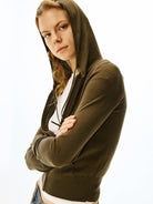 Alright then Zip Up Merino Wool Hoodie in Olive - On Model