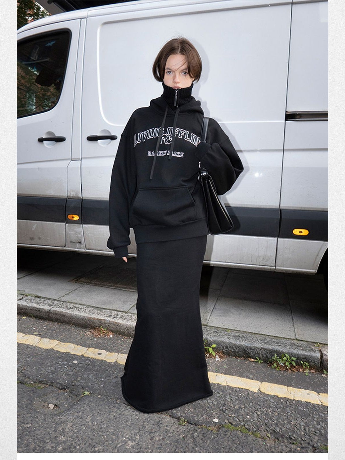 RARELY ALIKE Living Offline Embroidered Fleece Hoodie in Black - Lifestyle