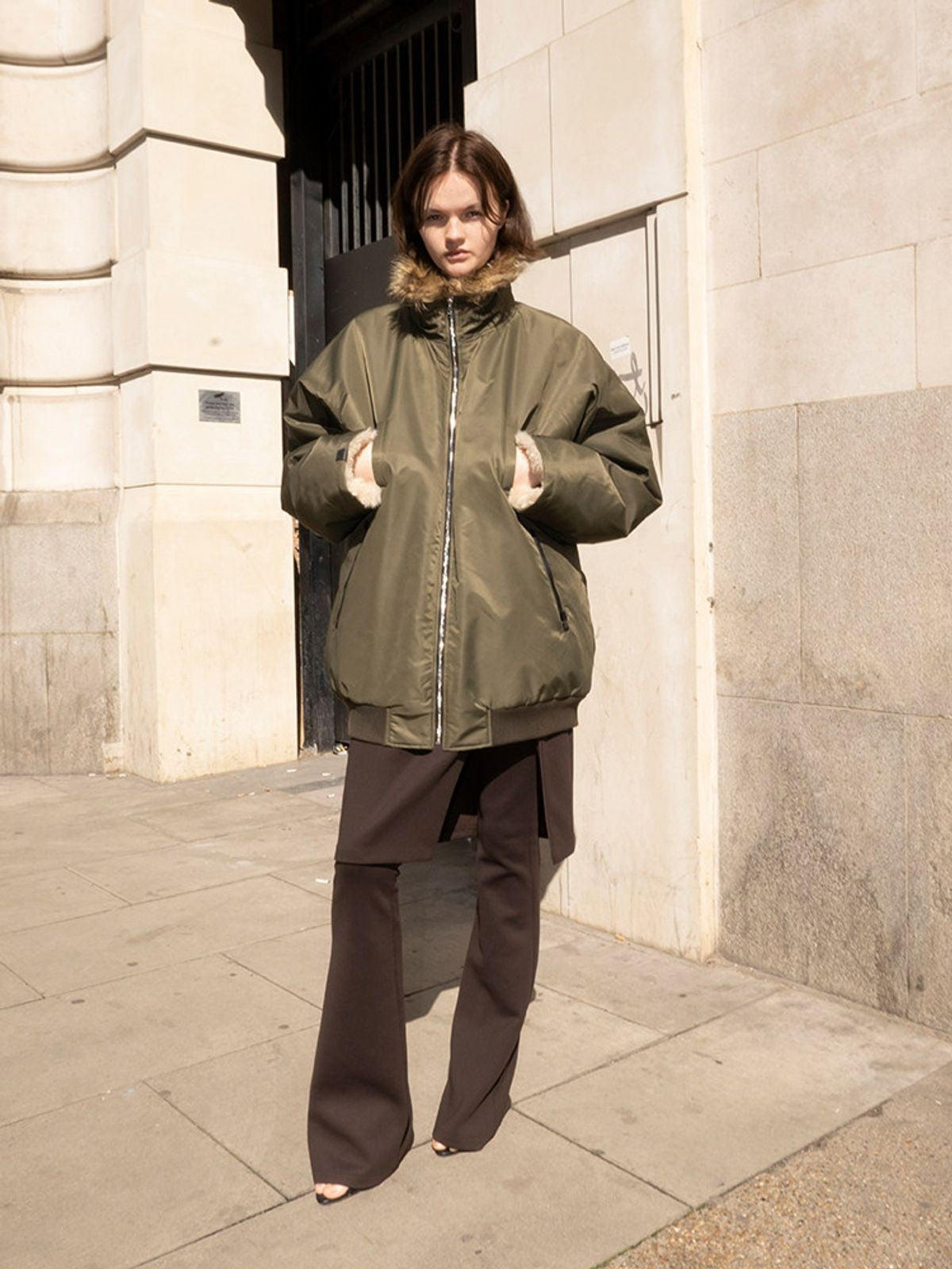 RARELY ALIKE Faux Fur Lined Nylon Bomber in Olive - On Model