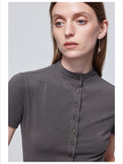 Simple Project Tencel Wool Button Front Tee in Charcoal - On Model
